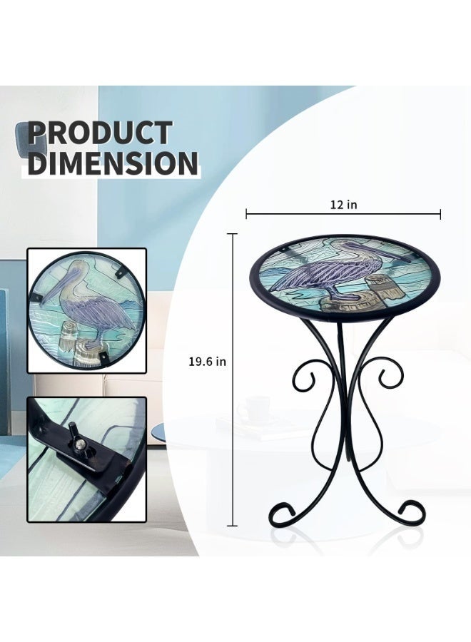 WALALLA Outdoor Side Table, Small Outdoor Table, 12 inch Round Patio Side Table End Table, Glass Plant Stand, Small Bistro Coffee Table for Garden Patio Porch Living Room (Pelicans) - Image 3